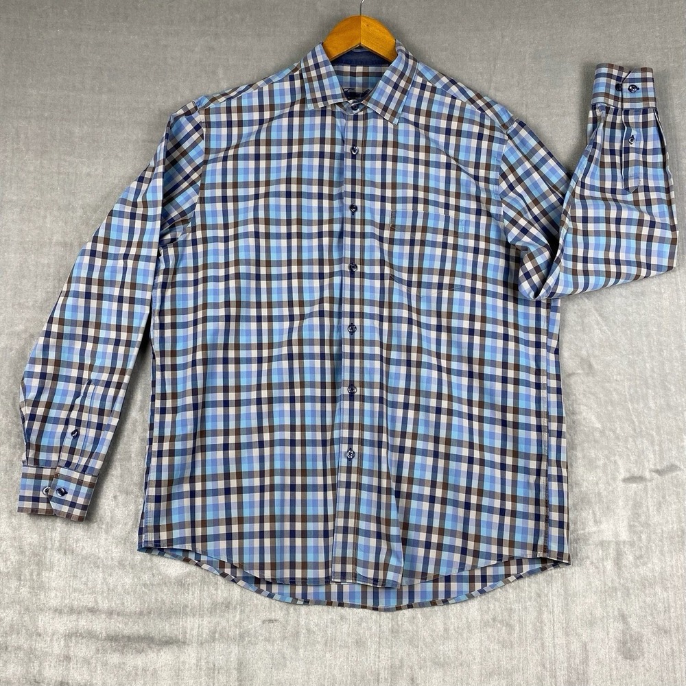 Tasso Elba Button Up Mens Large‎ 16/16.5 100% Cotton Blue Plaid Preppy Heritage